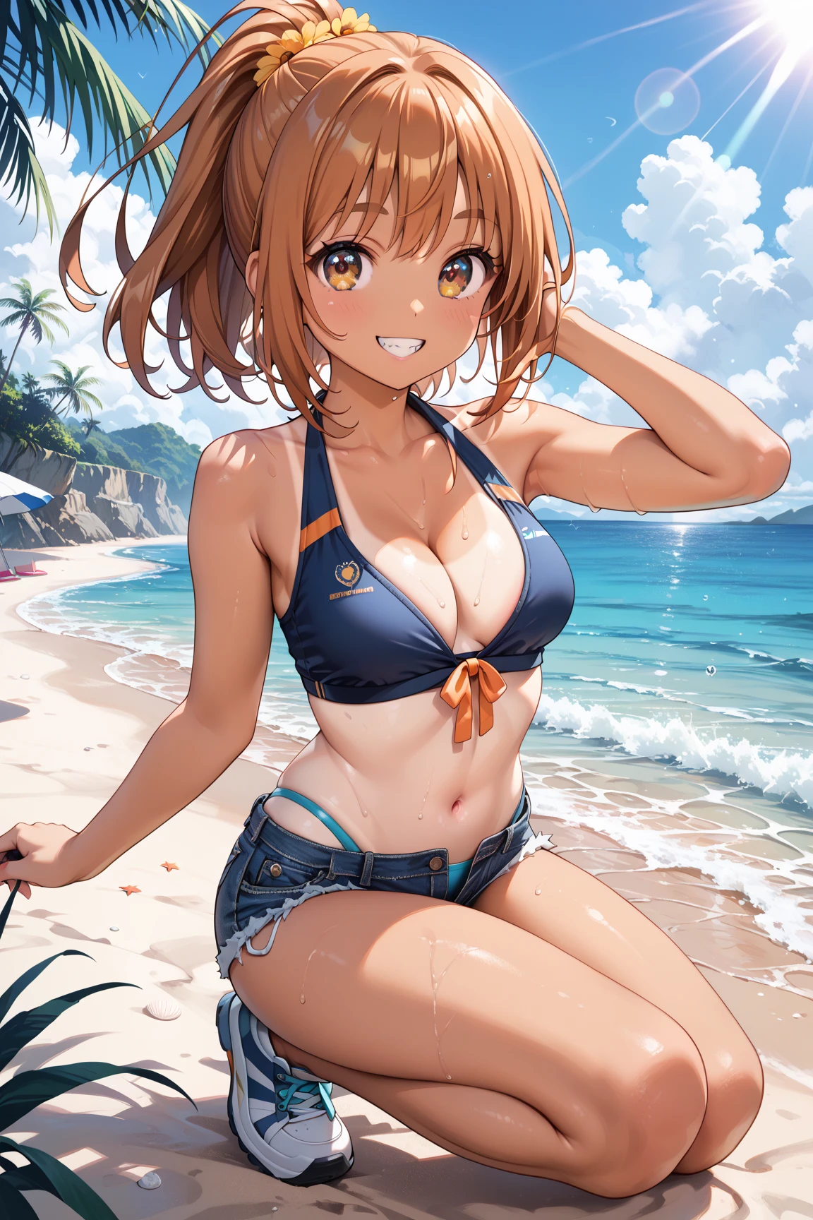 (highest quality, High resolution, perfect pixel, Depth of bounds written, 4K), (from front), beach, detailed eyes, (1 lady), tall, (skinny body:1.2) , (thin thighs:1.2), (Narrow hips), large breasts, blond hair, (ponytail:1.2), yellow, (denim short pants bikini:1.2), open button, (cross halter bikini), (rio cut pants), (panty strap:1.2), (standing), left Hand on Hip, (light smile), blush, sweat,