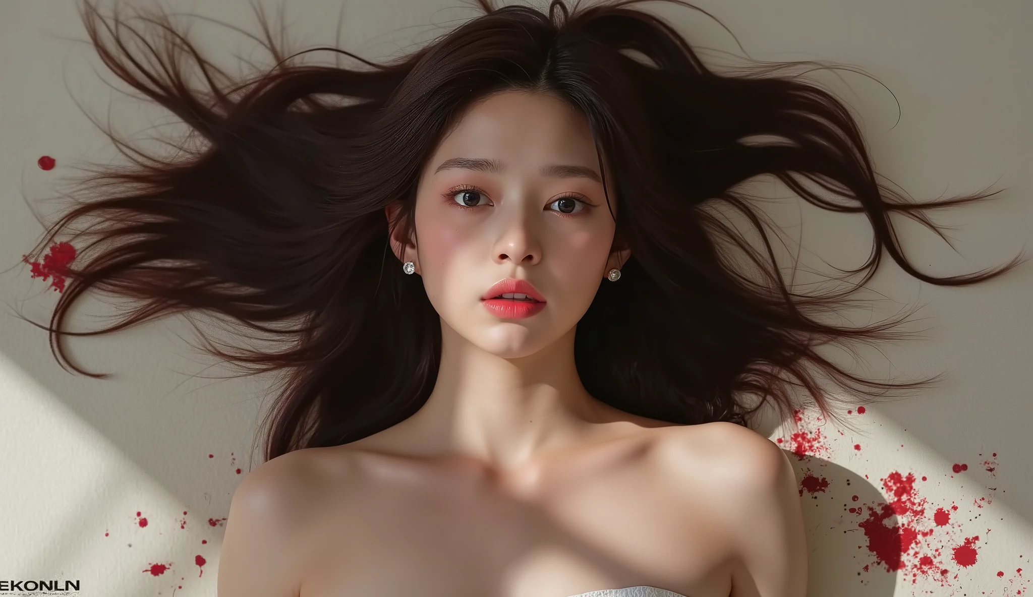 masterpiece best quality (Wallpapers 8K Very High Detail) (best illustration) (The best shadow) Realistic light, high definition, very realistic, beautiful 30 year old Asian woman lying naked, showing her breasts, she was shot in the forehead, a bullet wound in the middle of her forehead, a bullet hole on her forehead bleeding a little, no hair covering her face, her eyes wide in fear, her mouth open, her face full of emotion showed. Reached a sexual climax, but she died, lying on her back on a blood-stained white floor rug in a luxury hotel.