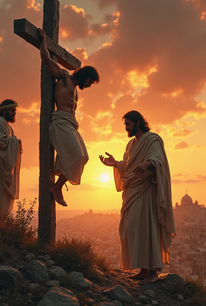 Vision of the thief on the cross looking at Jesus Christ, on the cross very burnt by the sun very thin hair with blood and sweat on it with many wounds 
