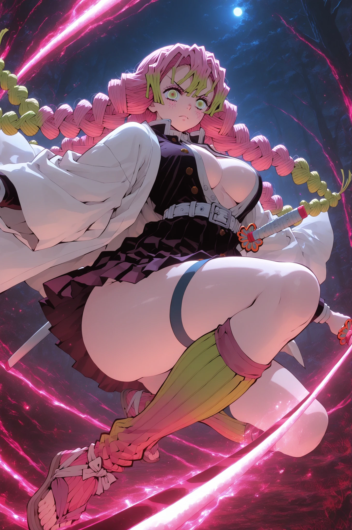 cute face, tall girl, wearinghuge breasts, rainbow pink long hair,Fujiwara Chika, full body, hat, wizard tunic, boots