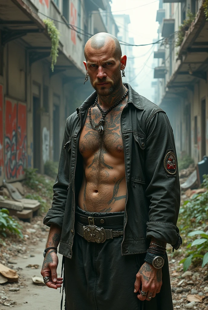 soldier, fantasy, dynamic lighting, fantasy art, high detail, dramatic lighting, forest, bokeh, strong, bloody, scarred body, aggressive face, (((torn rags ))), (((pants))), scars, bald head, dirty,bust