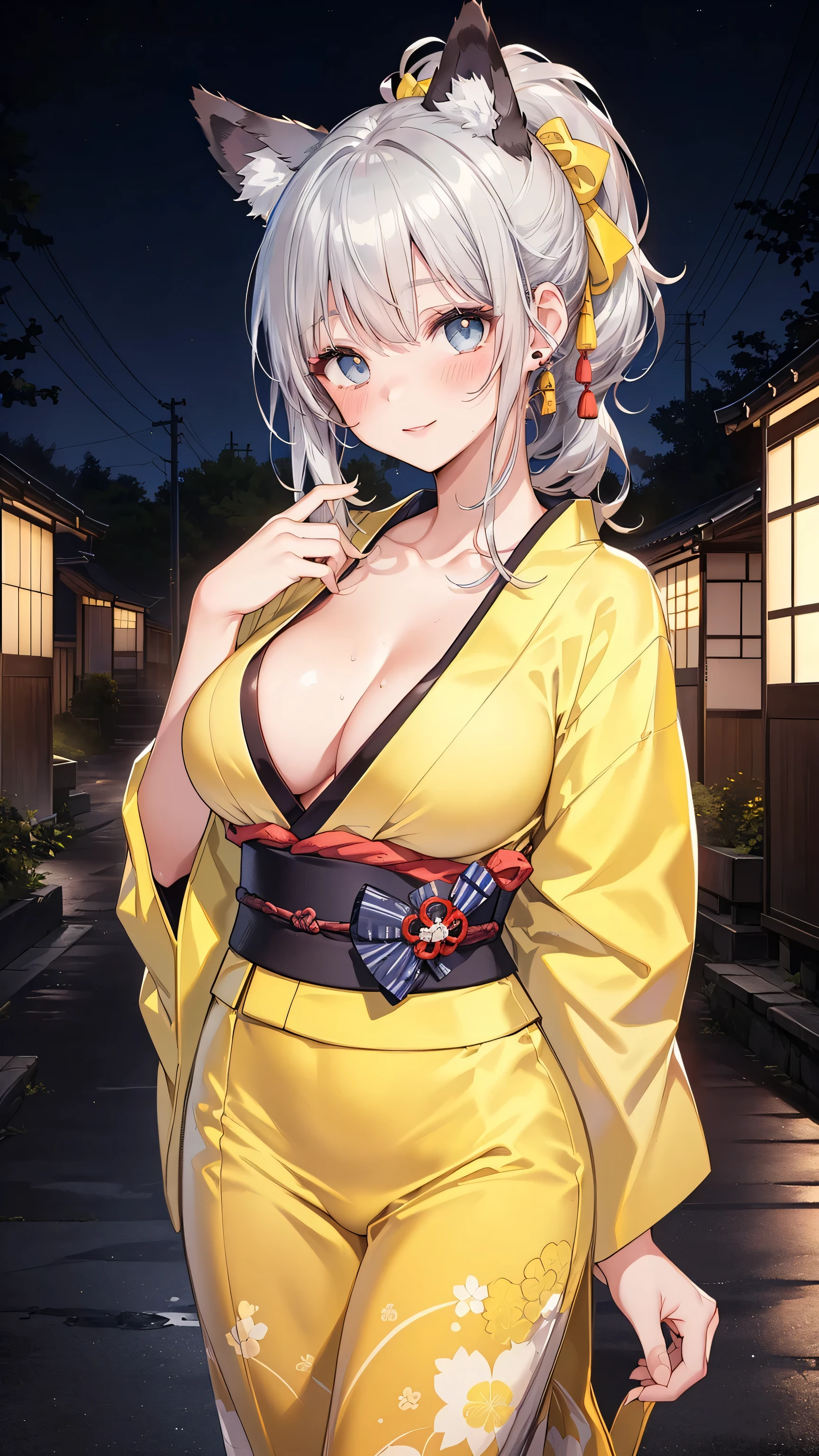 Blonde, short bob hair, summer festival,large breasts,yukata