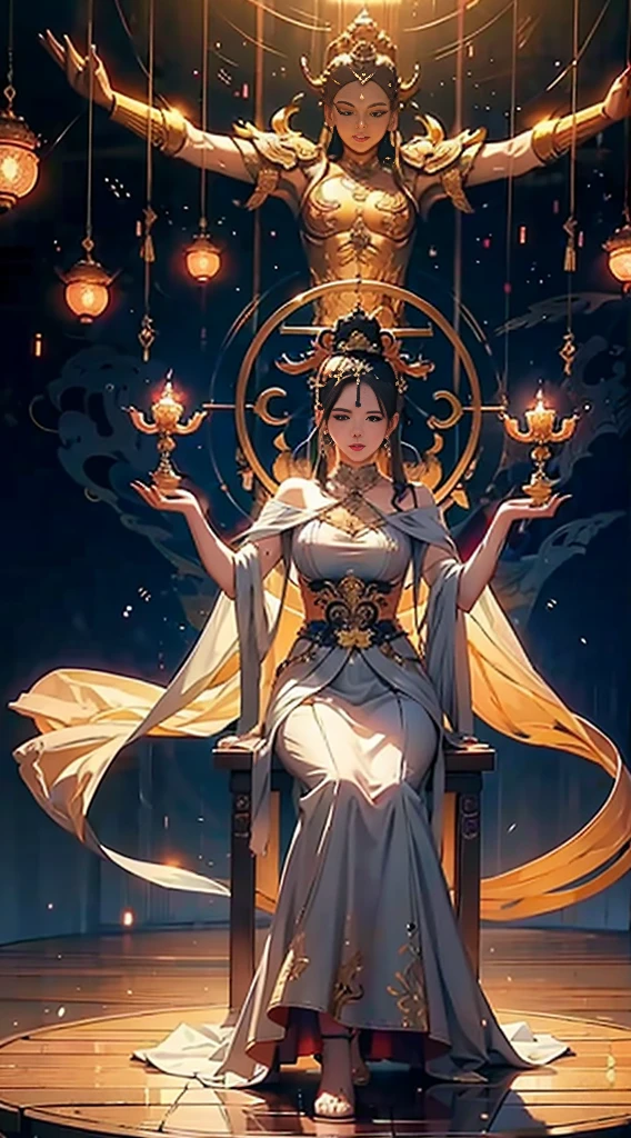 Marble statue of the goddess of the moon, monochromatic statue, sit on a chair, detailed face, long hair, delicate hair, loose clothing, masterpiece, very delicate, very detailed, Artistic, Sculptural works, Spotlight, high contrast, Light bulb color lighting, highest quality, Highest image quality