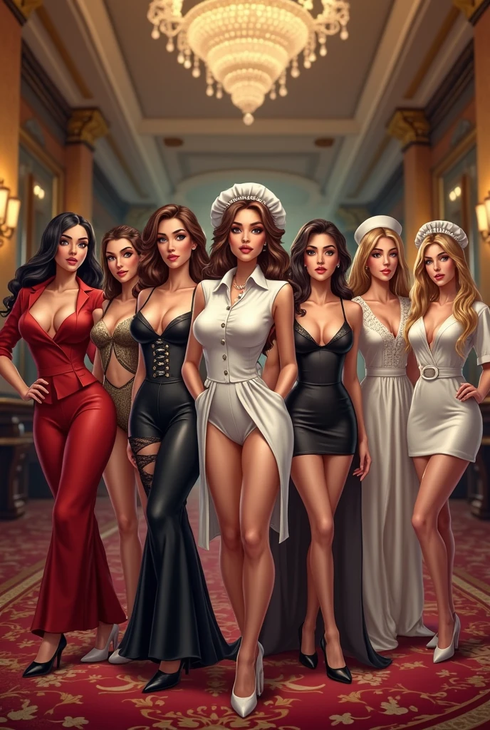 high quality, very detailed, 8k, character design, (realistic cartoon, intricate details), 2.5 D, cartoon animation style, dead or alive character, 5 american women, multiple women in 1 image, USA girls, different hair color,different hairstyle, different hair length, different eye shapes and eye colors, different facial features, american female facial features, all wearing party dress and necklace, all having curvaceous figure and XL huge breasts, strong thighs, toned stomach, all wearing black elite party dress, night city in background, sitting under a street light, sharp light focus, light and shadow
