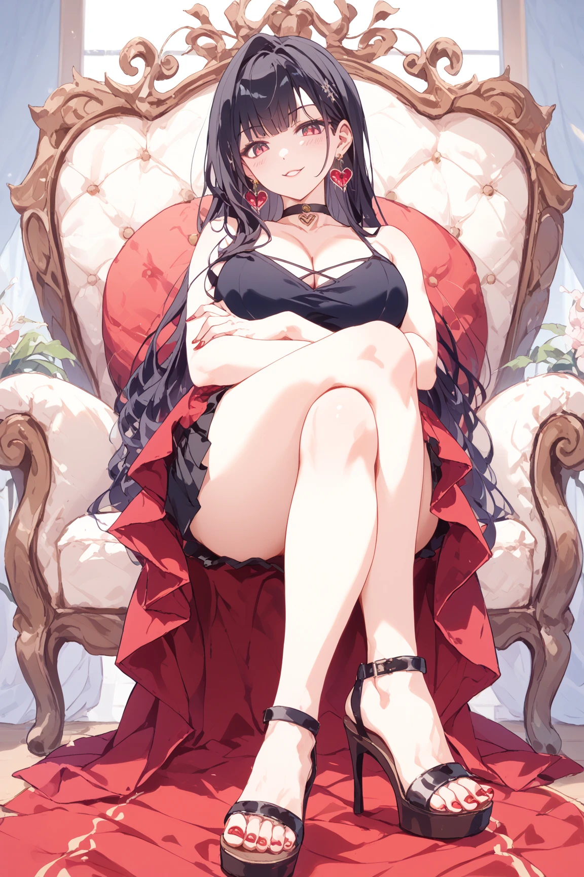 1woman,solo,25 years old,black-hair,long-wavy-hair,shiny-hair,hair-over-one-eye,side-braid,scarlet-eyes,huge_breasts,tall-stature, voluptuous,wide_hip,bunny_costume,fishnet_pantyhose,red_high_heels,red_royalty_long_cape,sitting and crossed legs on the throne,smile,looking_at_viewer,straight-on,from_below,