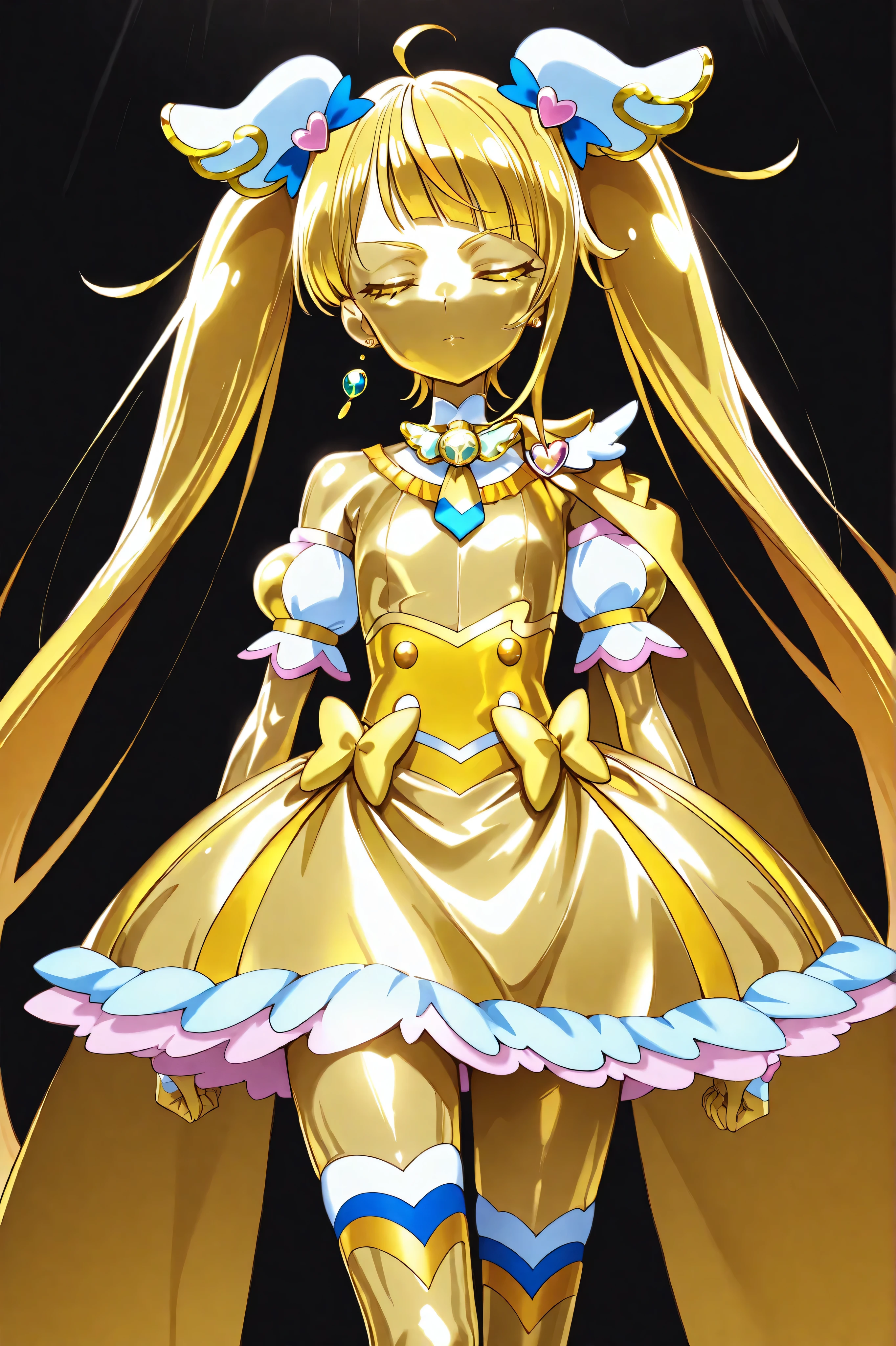 Cure Sky, masterpiece, best quality, Newest, very high resolution, closed eyes, yellow hair, yellow sclera, closed mouth, No students, Yellow skin, glossy skin, metal skin, Black eyebrows, Slanted eyebrows, 1girl, solo, cowboy shot with neck tilted diagonally, standing, dynamic on the background, watching viewers, sleeping, Serious Expression, black background, Hands on Her Hips, Gold_butterfly hair ornament, Long Hair, Gold_Knee Socks, 太ももまで長いKnee Socks, Magical Girl, Gold_skirt, under skirt, hair ornament, Gold_gem, Gold_gloves, Gold_Twin Tails, Gold_ribbon, golden hair ornament, Gold_cloak, metallic outfit