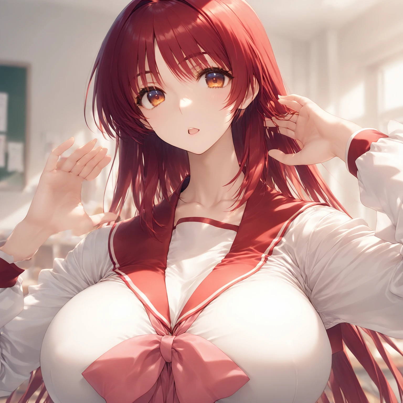 best quality, masterpiece, extremely detailed CG, official art , professional lighting, (sakimiyairuka), one side up, green scrunchie, hair ornament, red hair, green eyes, perfect face, gleaming skin, groin, (sweat), (Race Queen),leaning forward, circuit
