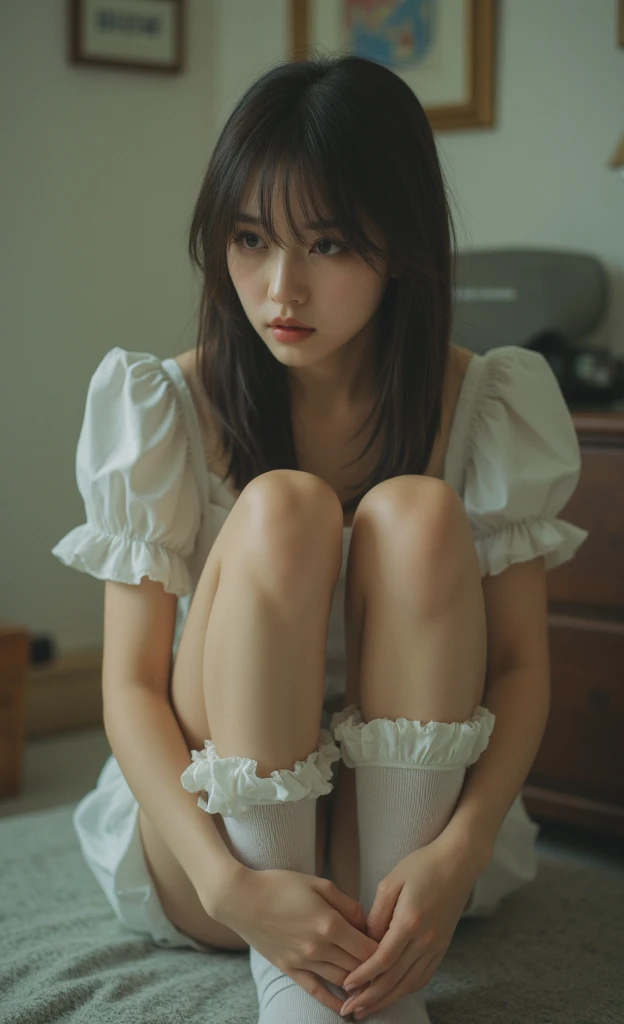 (Photoreal: 1.4), (Hyperrealistic: 1.4), (Realistic: 1.3), (Smooth Lighting: 1.05), (Improved Cinematic Lighting Quality: 0.9), 32K, 1 female, 24 year old female, Realistic lighting, Backlight, Face Lights, Ray Tracking, (Bright Light: 1.2), (Quality Improvement: 1.4), ( Top quality realistic textured skin: 1.4), fine detailed eyes, detailed face, fine quality eyes, dark brown eyes, (tired, sleepy and satisfied: 0.0), pale lighting, white background, floral pattern, ruffles, ribbon, white blouse, dark blue tight skirt, dark brown hair, squatting holding knees, white silk socks, loafers