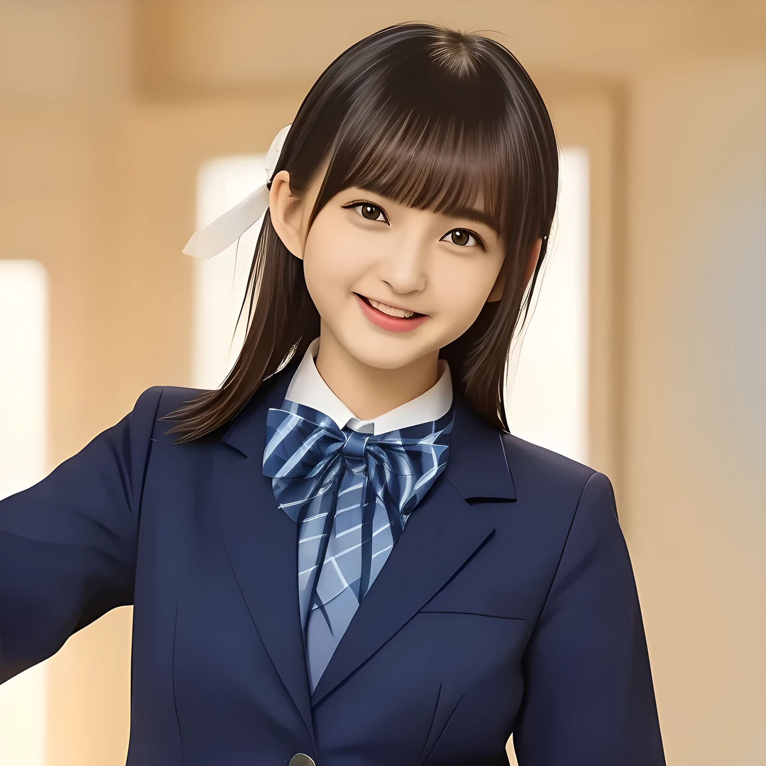 (highest quality, masterpiece, clearly detailed:1.5), highest quality, High resolution, 1080p, 8K, (Too beautiful ((purest)) ((sweetest and cutest)) ((beautiful girlish and Evolved with grace)), ((Too much beloved)) noble grown beautiful beautiful girl with detailed, Japanese, 155cm height, ((svelte silhouette)), Cloistered beauty, dreamy appearance, with detailed: 1.7), (laughing white face with unreal beauty, overflowing with translucence: 1.8), ((Neatest (navy colored) blazer school uniform, shiny-blue bow-tie, school navy pleats plaid skirt with detailed): 1.8), (Too beautiful ((cute large brown prominent eyes)), ((prominent droopy eyelid)), and neatness charm the viewer), ((purity and neatness of pristine uniform is very impressing), focus on her beautiful face with detailed: 1.8), (black bob styled hair, bangs trimmed carefully, neat tight long hair: 2.0), (CM of mega-bank: 1.5)