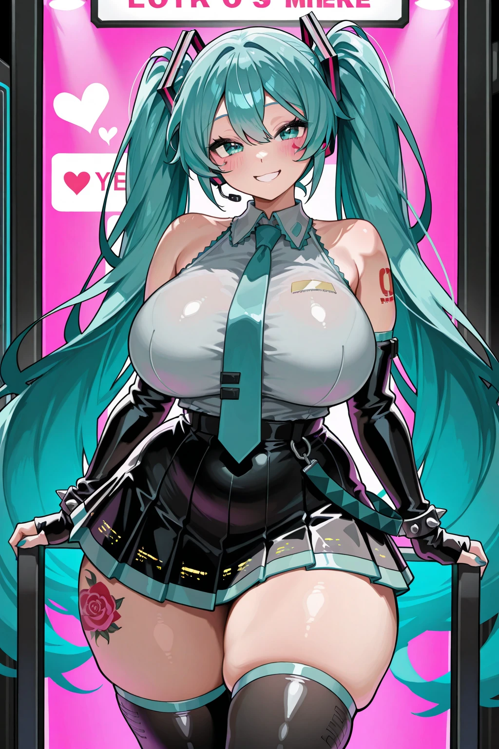 masterpiece, best quality, ultra-detailed, illustration,masterpiece, Best quality, high resolution, high resolution, masterpiece, best quality, highres, dragon ball, blmlong, aqua hair, blunt bangs, long hair, playboy bunny, rabbit ears, black pantyhose, red bowtie, wrist cuffs, black leotard, large breasts, big breasts, cleavage,beautiful detailed eyes, looking at viewer in a seductive look, close up, (arms behind back:1.2), (from above:1.1),big sized breasts, attempt to seduce, standing,(blush)