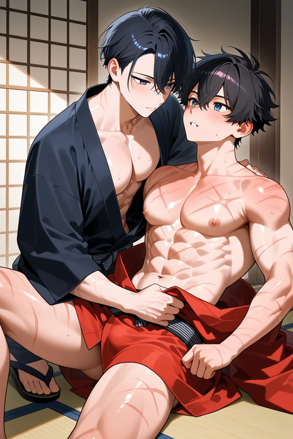 score_9, score_8_up, score_7_up, score_6_up, score_5_up, score_4_up, uncensored, masoqmaki, 1girl, burn scar, muscular female, short hair, black hair, round eyewear, glasses, green eyes, BREAK (masterpiece:1.2), best quality, high resolution, (detailed eyes:1.3), perfect lighting, (perfect hands, perfect anatomy), short hair, black hair, hearts, pleasured, large breasts, sagging breast, plump, curvy, 1girl, breasts, 1boy, hetero, greyscale, nipples, blush, nude, faceless male, lying, large breasts, sex, prone bone, faceless, on stomach, tatami, sliding door, blanket, motion lines, shivering, clenched teeth, embarrassed, blush face, gasping, heavy breathing, wink, sweating, slap mark, low light, bokeh, drooling,
