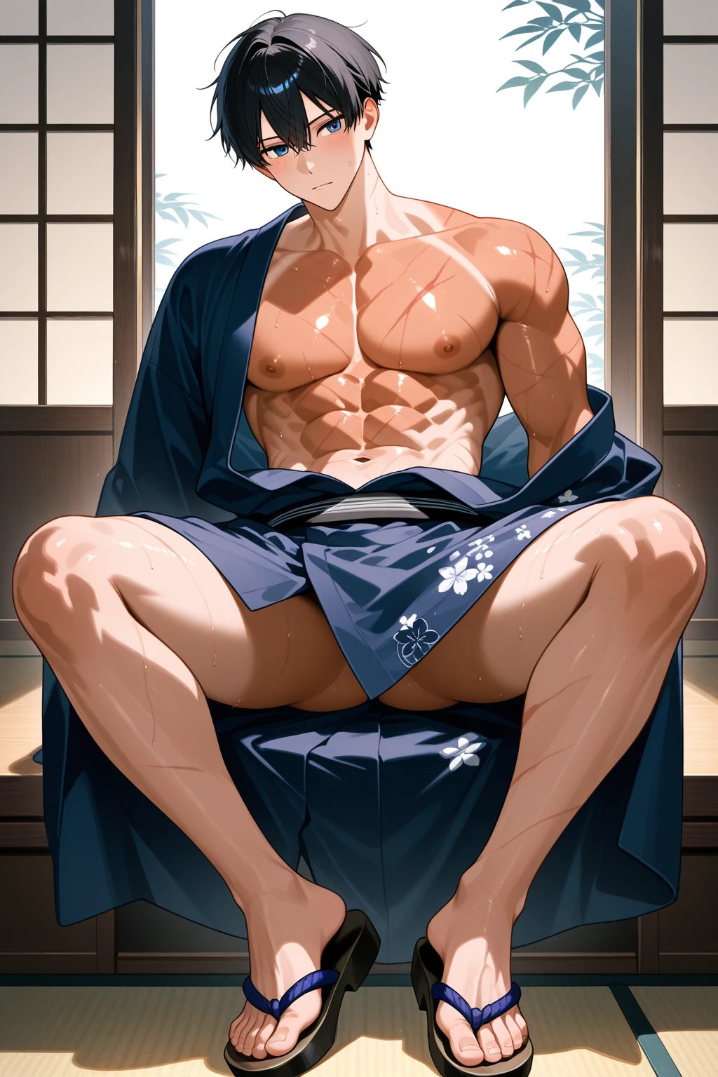 male, (full nude, red yukata), erecton upward, ?????, handsome, muscular, hairy, blush, ashamed, (precum:1.3), middle aged man, Sitting on the floor, realistic, night, daddy, delicate eyes, hairy legs