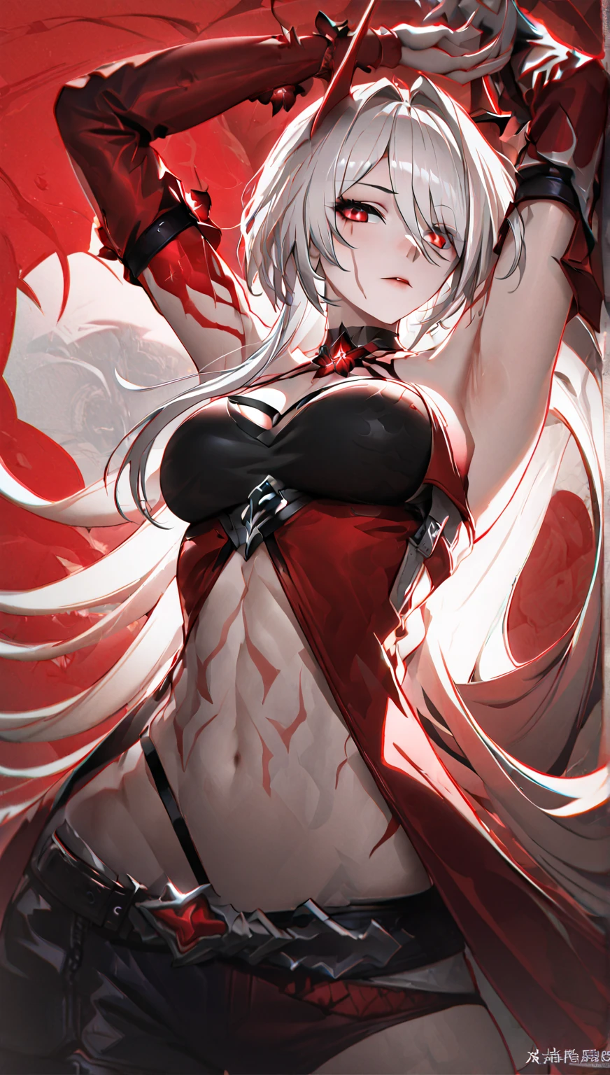 A demon turned into a beautiful girl。She has red skin and sharp fangs、A beautiful girl with a powerful aura。He has a big metal rod、Wearing luxurious Japanese clothes。Her eyes are burning like fire。