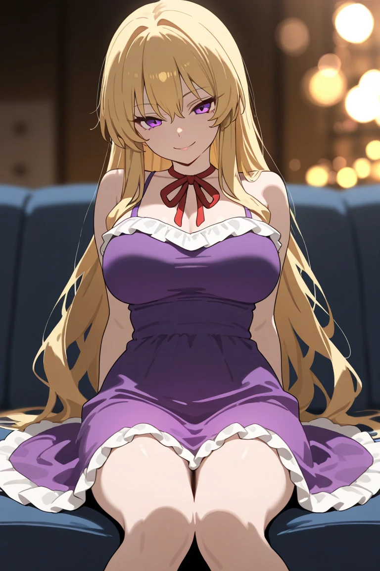redi, anime art style, 1girl, long_hair, breasts, blonde_hair, brown_hair, 1boy, cleavage, medium_breasts, purple_eyes, collarbone, sky, window, night, frown, star_(sky)
