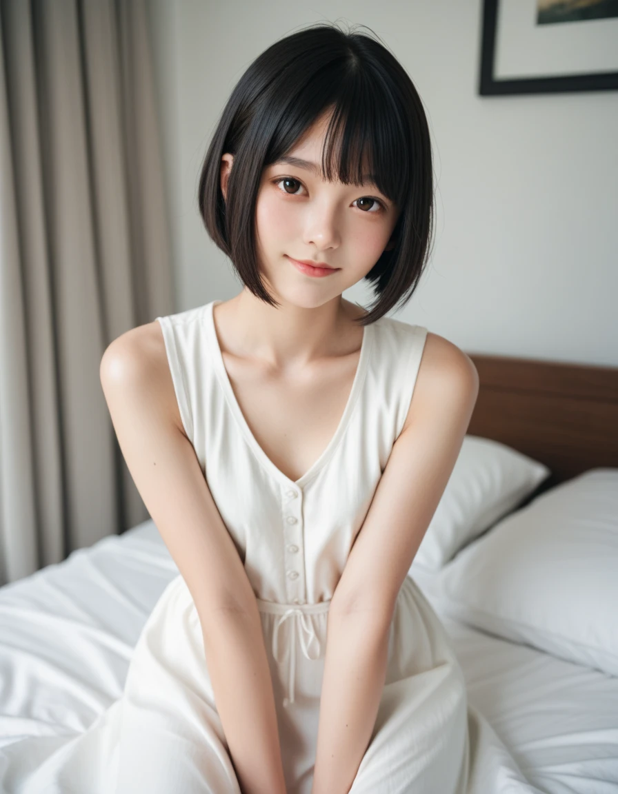 Best-quality, Masterpiece, Ultra-High-Resolution, (Photorealistic:1.4), Raw-Photo, 1girl, 15-years-old, the most famous Japanese idol, innocent smile, looking at viewer, extremely cute face, (((extremely beautiful big-black-eyes))), extremely beautiful black-short-cut-haired, extremely beautiful long-eyelashes, extremely beautiful lips, extremely beautiful skins, extremely beautiful shoulders, wearing only pajama with cute-design