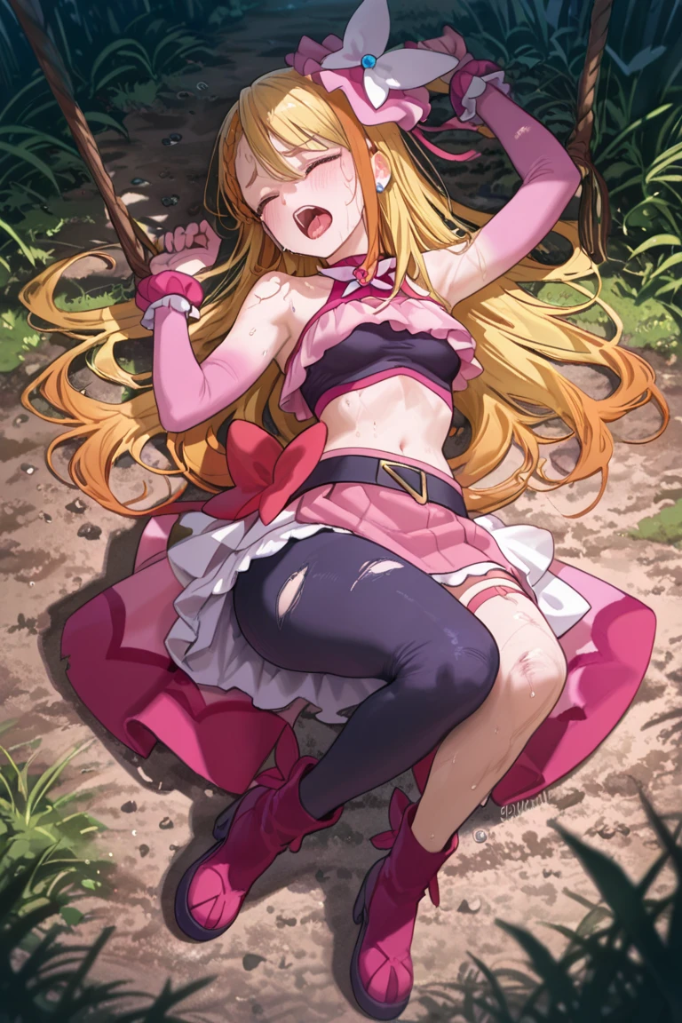 best quality, girl, cat ears, lemon yellow hair, long hair, extra-long sideburns, two side up, squatting, ???, peeing, linear ???, looking down, outfit-MUvampire, [closed eyes: (empty eyes:1.3):11], (blush:1.5), (tears:0.6), outdoors, full body shot, from below