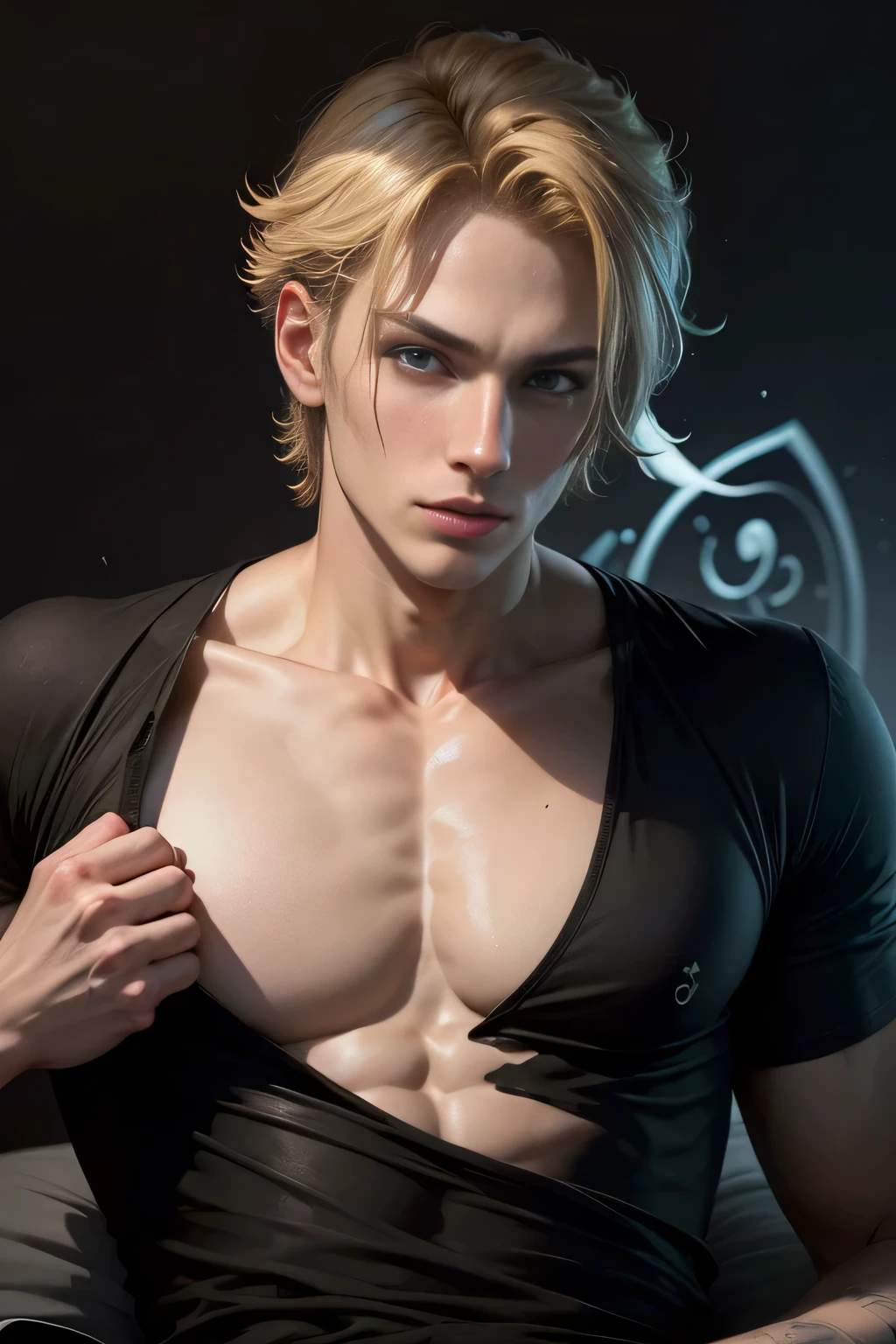 Blonde short hair , blue eyes, shirtless ,, celestial,,red angel halo above head, wearing a beige underwear thong, bulge, male, black background, high detail, zoomed out