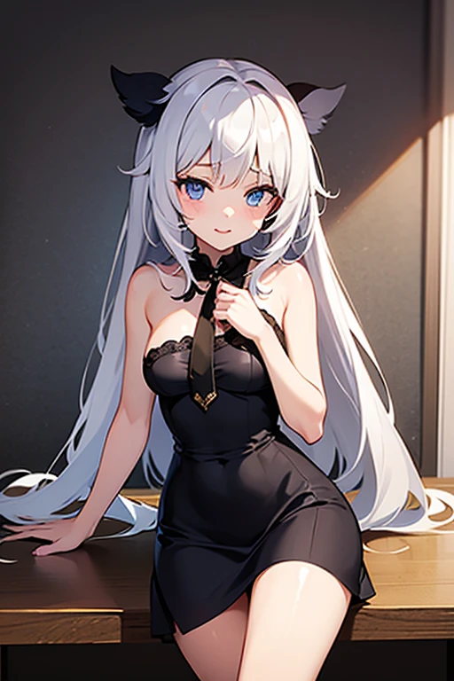 a drawing of a girl with white hair and black bunny ears poses, 1girl, solo, fishnets, animal ears, rabbit ears, pantyhose, smile, blue eyes, long hair, playboy bunny, tail, rabbit tail, fake animal ears, looking at viewer, leotard, bow, jewelry, breasts, earrings, white background, bare shoulders, white hair