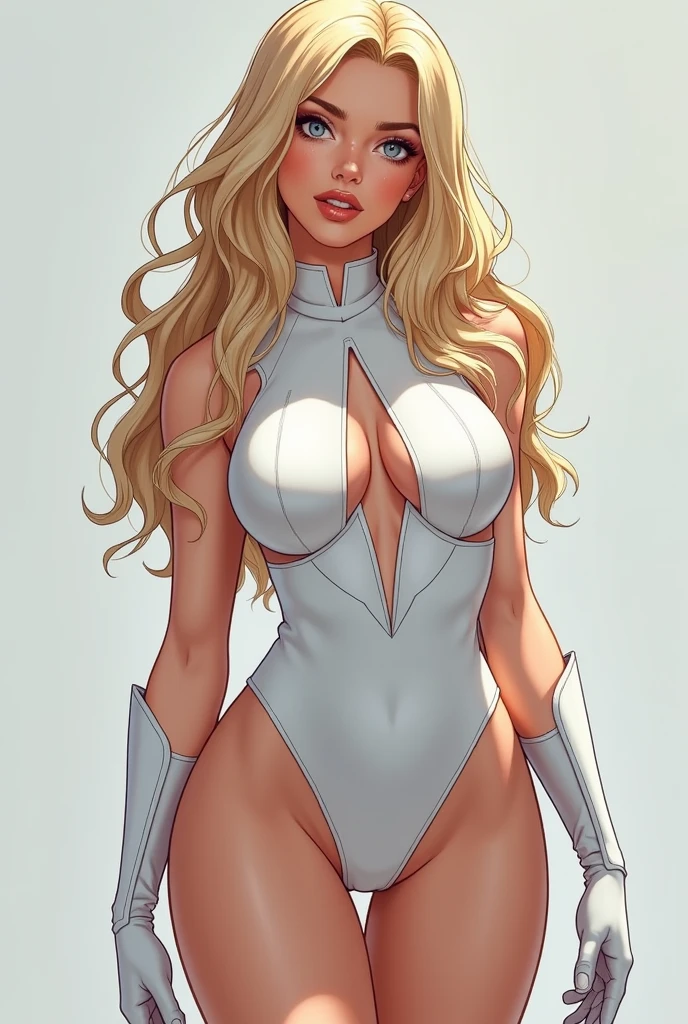 Masterpiece, highly detailed, high res, dynamic, A image of a woman in a white top and white pants, ((((Massive breasts)))), (muscular), ((((huge muscles)))) fanart da coelhinha lola, commission for high resolution, CO Commission, Gwen Stacy, corpo perfeitamente sombreado, Emma Geada, Retrato de Emma Frost, Deusa loira, desenhado no estilo de artgerm, em roupas brancas, corpo perfeito sombreado realista, Betty Cooper, It's not artgerm style, ((((Massive breasts)))), (muscular), ((((huge muscles))))