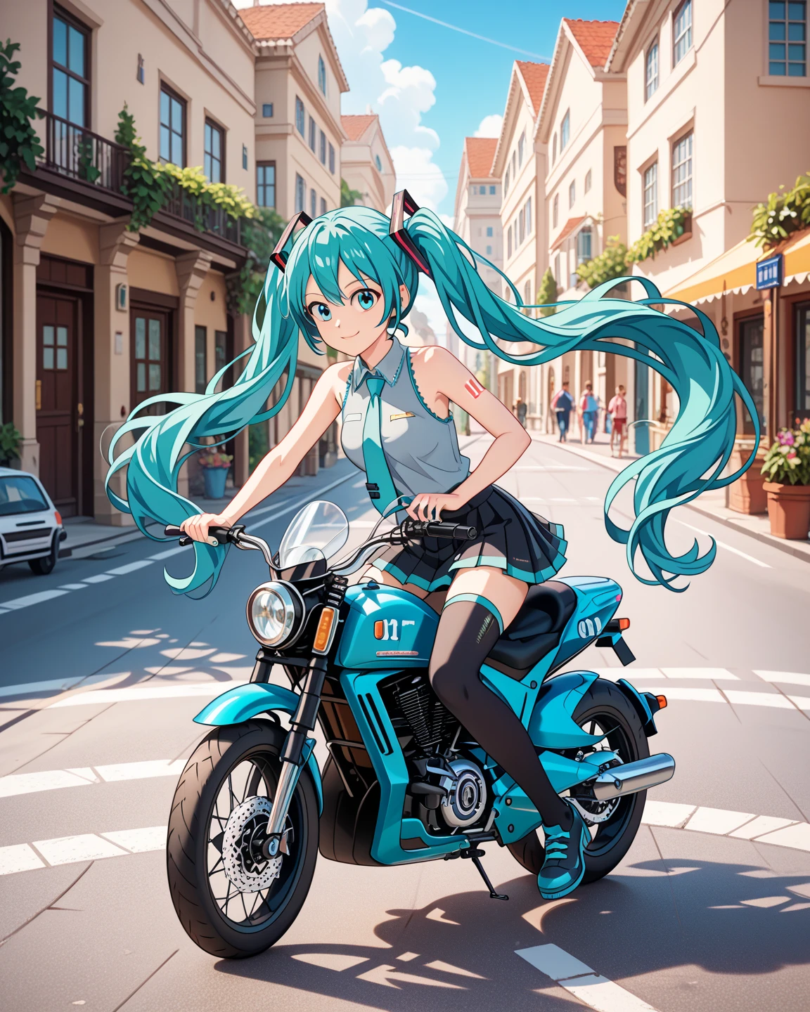 (score_9, score_8_up, score_7_up), lum, solo, long hair, bangs, green hair, blue eyes, aqua hair, tiny horns, eyeshadow, breasts, small breasts, looking at viewer, blush, teasing smile, fang, tilt head, (masterpiece), perfect sexy female body, (sexy and seductive pose:1.3), medieval street, mountain, EPsoaSinon, hair between eyes, (hair ornament:1.2), hairclip, sidelocks, riding, business suit, strapless, black pants, white collared shirt, kanedabike, yellow tiger-stripped bigscooter, painterly, jhyd style, from side,