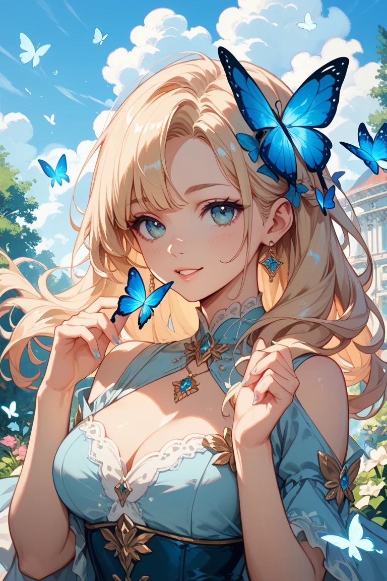 ((highest quality)), ((masterpiece)), (Get used to it), Perfect Face , beautiful girl , Big Breasts , Long and beautiful blonde hair , Braided hair , Blue Butterfly々 ,