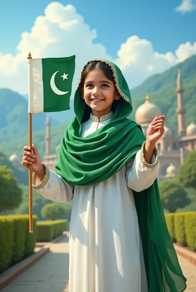 Creat a picture of a pakistani girl which is in whote kurta pajama and green dupatta, she has a pakitan flag in her hands and make sure the background is beautiful a pure pakistani background
