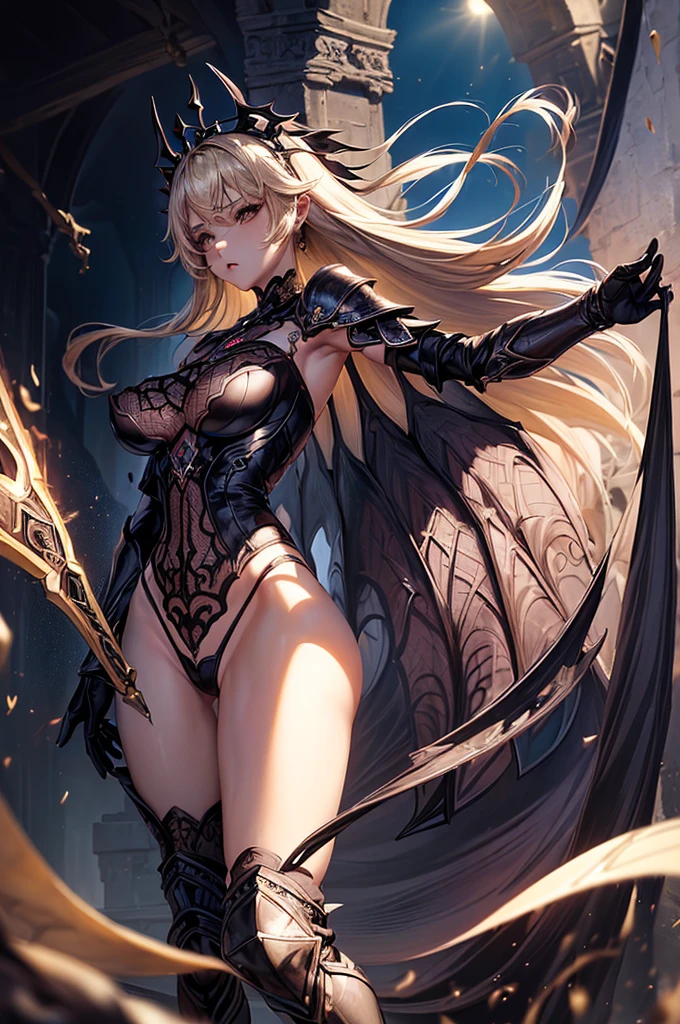 ((Highest quality)),(Ultra-high resolution),(Super detailed),(Detailed Description),((The best CG)),(masterpiece),Highly detailed art,(Fantasy art with intricate detail:1.5), (Devilish female angel:1.7),(Glossy blonde:1.4),Completely naked:1.6,(Full body belt bondage:1.7),Cleavage:1.6,belly button:1.4,Luxurious accessories:1.5,
