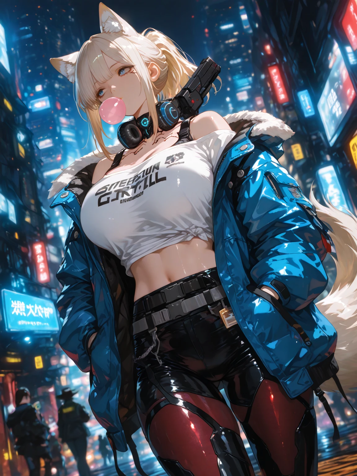 A beautiful young woman, with a blending of 🦁 and 👻 and ❤ features | wearing a cropped-windbreaker & a leather-pleated skirt and thigh-high combat boots | extremely cute - flirty-eyes - intricate eyes - cutesy - whimsical and Cyberpunk_Edgerunners esthetics | behind her is a towering obelisk, sparking with electric-red energies
