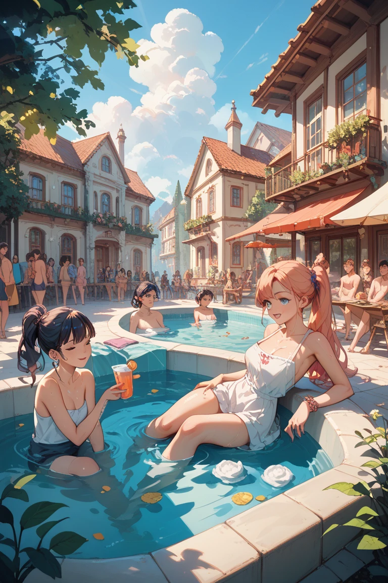 {{Teenage female, caucasian, hundreds of girls, thousands of girls, multiple girls, many girls, only girls, crowd shot, girls are friends}}, looking at viewer, hazel eyes, extremely detailed, brown hair, blonde hair, red hair, black hair, {{blue bikinis, matching bikinis, identical bikinis, same color bikinis}}, pool, pool party, crowd of girls, girls partying, happy, best quality, high quality, extremely detailed anime screencap, brainwashed girls