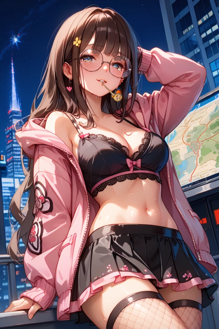 ((Masterpiece)), best quality, absurderes, ultra detailed, holographic, cowboy shot, golden ratio, leaning forward, showing cleavage, holding boobs, super cute girl, mature girl, idol girl, super beautiful asian girl with very beautiful violet glowing eyes, beautiful glowing brown multicolored hair, high ponytail, nice and sexy body, slim body, perfect body, an anime printed super tight off shoulder long sleeve crop top, a super aesthetic transparent mini jacket, beautiful hair ornament, pink jordan tennis, being photographed in a mall shop,( undressing, showing neon pink panties, showing thong: 1.5)