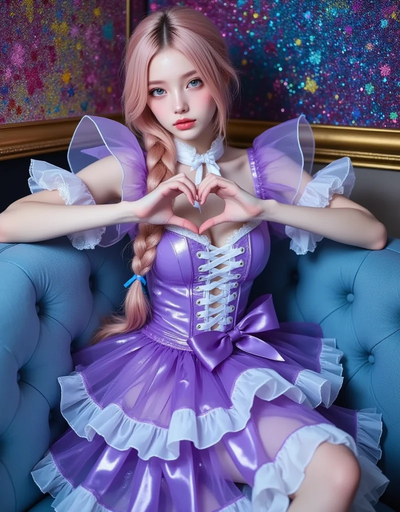 （8K，tmasterpiece，best qualtiy），（realisticlying，photo-realistic：1.2），超高分辨率，extremely detaile，beautiful illumination，Photo background，（full bodyesbian：1.4），female focus，up front view，PureErosFace_V1，Ulzzang-6500，Perfect skin，paleskin，beatiful detailed eyes，beautifull detailed face，Herola，1个Giant Breast Girl，Gothic Lolita maid，Wearing a black Lolita maid dress，Fluffy sleeves，front-tie，Pink satin bow and trim，An exaggerated bell shape was created under the petticoat，Thigh high striped stockings，Lace gloves and necklace，Small blond hair ring under the frilled headband，Exudes dark whimsical fancy and eccentricity