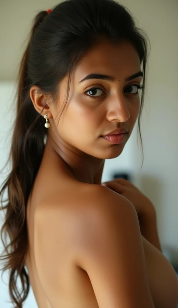 RAW photo, a portrait photo of Indian college teen, college teen, nude, naked, topless, slim, fitness girl, from behind, natural skin, dark skin, interior, sunset, 8k uhd, high quality, film grain, Fujifilm XT3