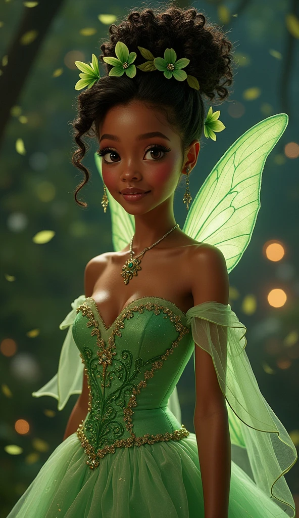 ((African American teen girl)), (black curly hair), (Tinkerbell Waifu:1), smile,  cute, looking at the viewer, thick thighs, single bun, short hair, (strapless green dress:1), (fairy wingocus on breasts:1.2), (realistic: 1.2), (realism), (masterpiece: 1.2), (best quality), (ultra-detailed), (8k, 4k, complex),(full body photo: 1),(cowboy photo:1.2), (85mm), light particles, lighting, (highly detailed:1.2), (detailed face:1.2), (gradients), sfw, colorful,(detailed eyes:1.2), (detailed landscape, inside a glass jar:1.2),(detailed background), detailed landscape, (dynamic angle:1.2), (dynamic posture:1.2), (rule of terceira_compositing:1.3), (line of action:1.2), general plan, daylight, soil, no panties, huge breasts