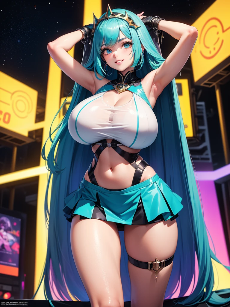 masterpiece, High resolution ,hatsune miku,Awesome fluffy bunny suit,Embarrassed face,I was so panicked.,Blushing,Obscene pose,sexy glamorous body,,Futuristic midnight downtown cityscape