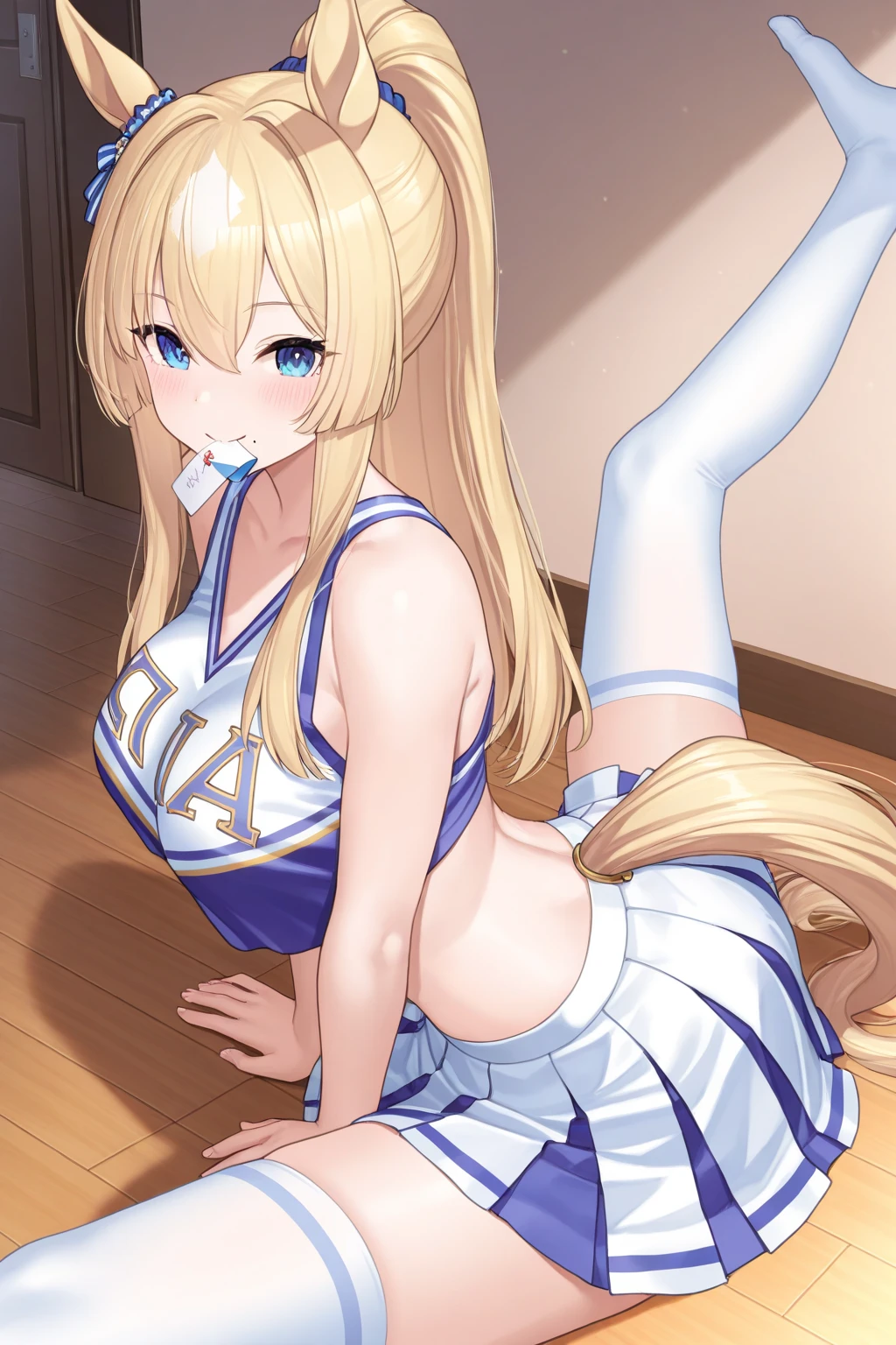masterpiece, best quality, long hair,  medium breast, cleavage, navel, slim legs, morgan fate blonde hair, bedroom, cheerleader, happy