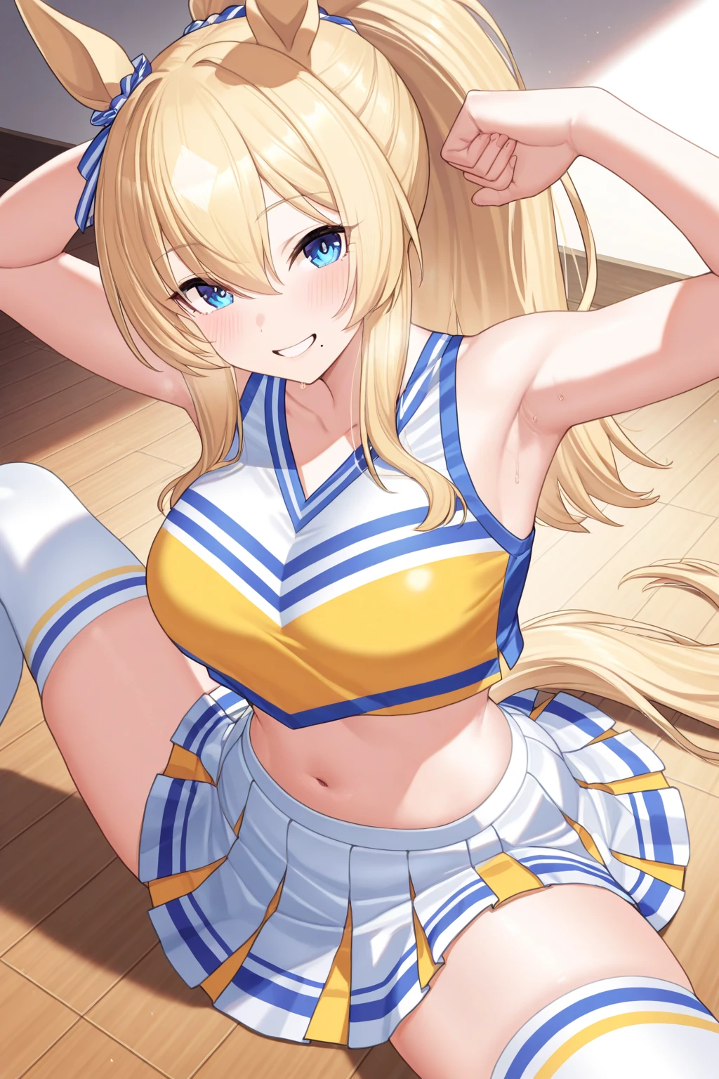 masterpiece, best quality, long hair, medium breast, cleavage, navel, slim legs, morgan fate blonde hair, stage, cheerleader, happy, short skirt, mature women, standing