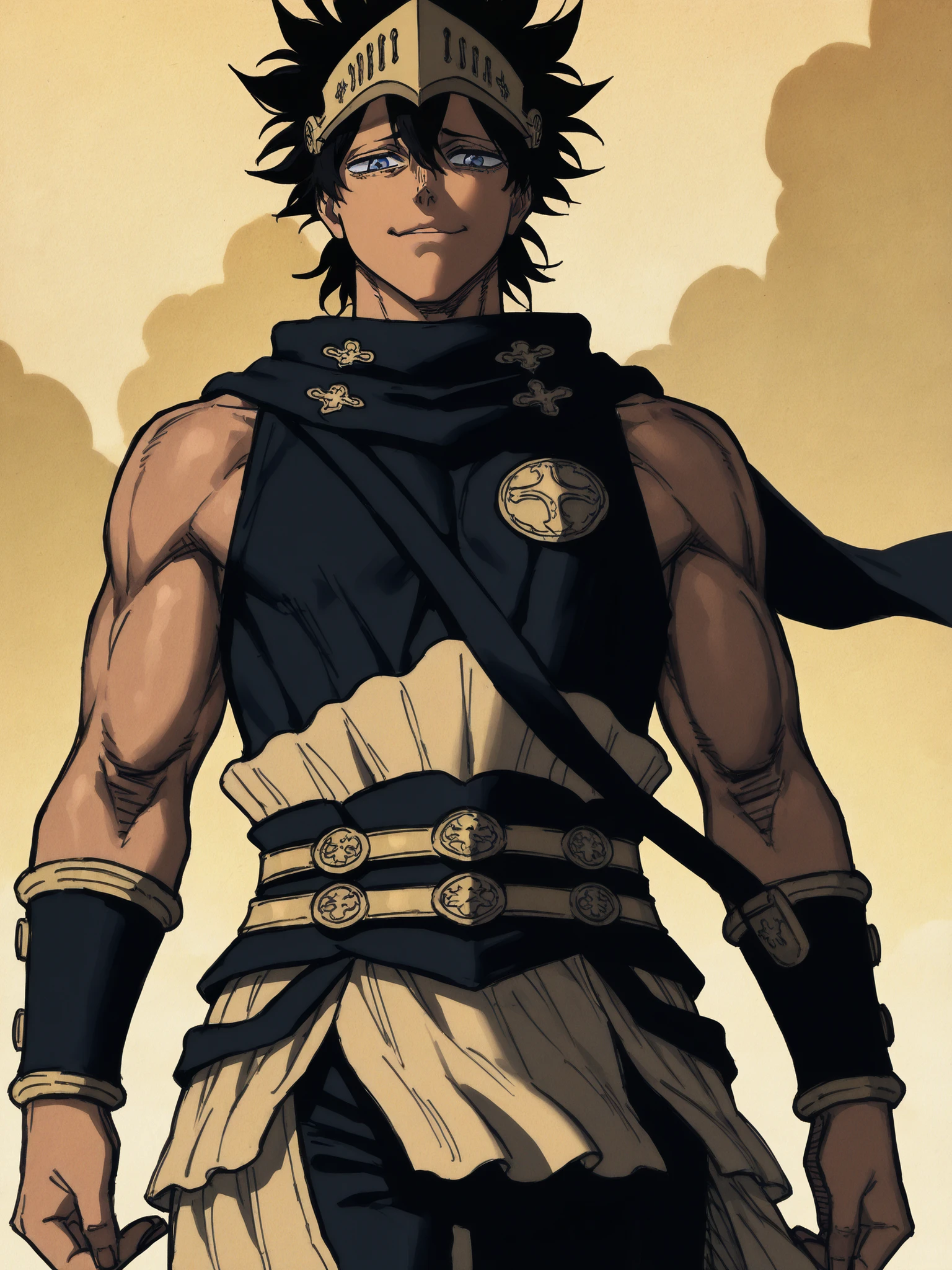((in the artstyle of Black Clover)), ((black)) and gold armor, ((blue eyes)), ((black)) and gold fantasy clothing, ((flowing scarf)), ((sleeveless shirt)), ((dark-skinned male)), ((black hair)), ((anime hairstyle)), ((muscular arms)), ((knight visor)), ((cheerful expression)), ((mature male)), ((daytime background)), 1boy, beautifully drawn, high resolution illustration, best quality, High definition, ((detailed anime sketch)), Masterpiece, (solo), absurdres, ((cowboy shot)), ((short hair)), detailed background, fine detail, male focus, HDR,