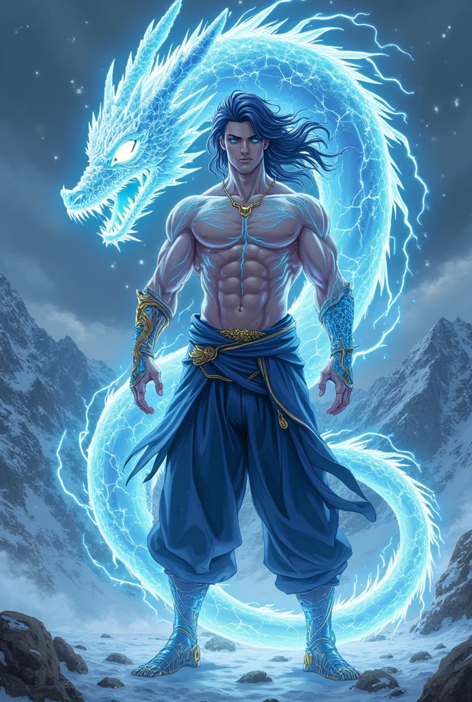 Male body frosted white skin brown hair lightly muscled mortal kombat karetker has big realistic wild blue ice dragon wrapped around his body icy mountain blue lightning red full moon get a realistic picture
