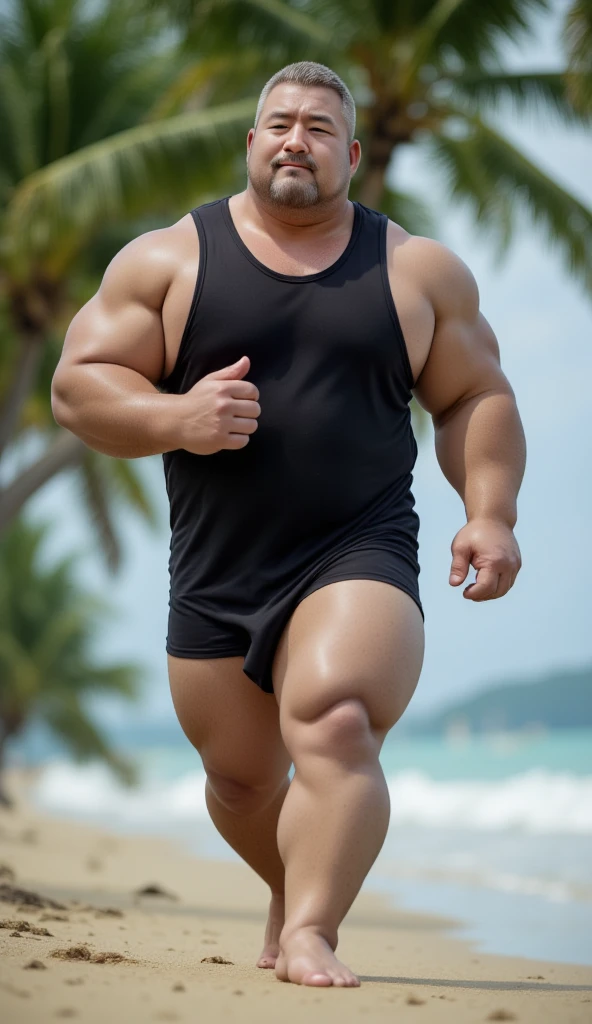 There is only one handsome Asian actor in the photo，35 years old，High target, Fitness，short hair, O-Shaped Beard，Perfect body, Dark skin color，Radiant Skin，Smooth skin，Muscle bulge, muscular, Very large pectoral muscles，Very sexy abdominal muscles，Very well-developed leg muscles，Huge concave and convex area，Brightens oily skin，Wearing a gold leather shiny thong，Handsome face， Correct and accurate male body proportions, Wear black socks，Stand in the rainforest，Lots of tropical flowers around。

