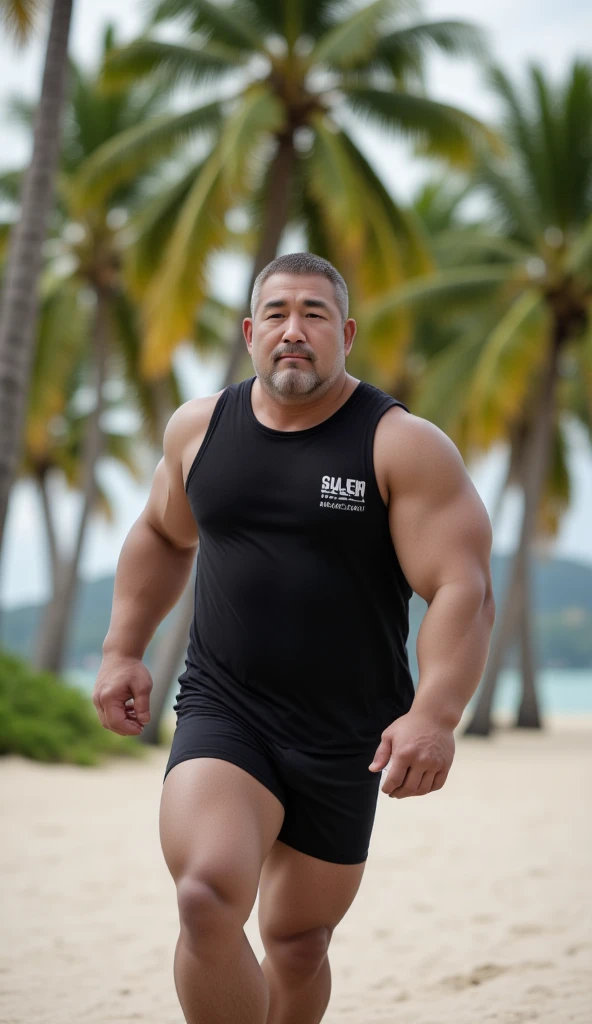 2 Vietnamese grandfathers with gray hair, mature face, a thick mustache, a short chin beard, bear body, wearing a massive bulging gray jockstraps standing at the sea, have belly, big muscular chest, a sexy pose.
