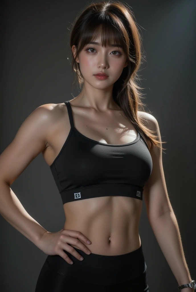((Cinematic lighting, Best quality, 8k, Masterpiece :1.3)), Sharp focus :1.2, 1girl, Pretty woman with perfect figure :1.4, Slender abs :1.1, (Dark brown hair, Huge breasts :1.3), Crop top :1.3, Cowgirl pose, Night city, Ultra-detailed face, Detailed eyes, Double eyelid