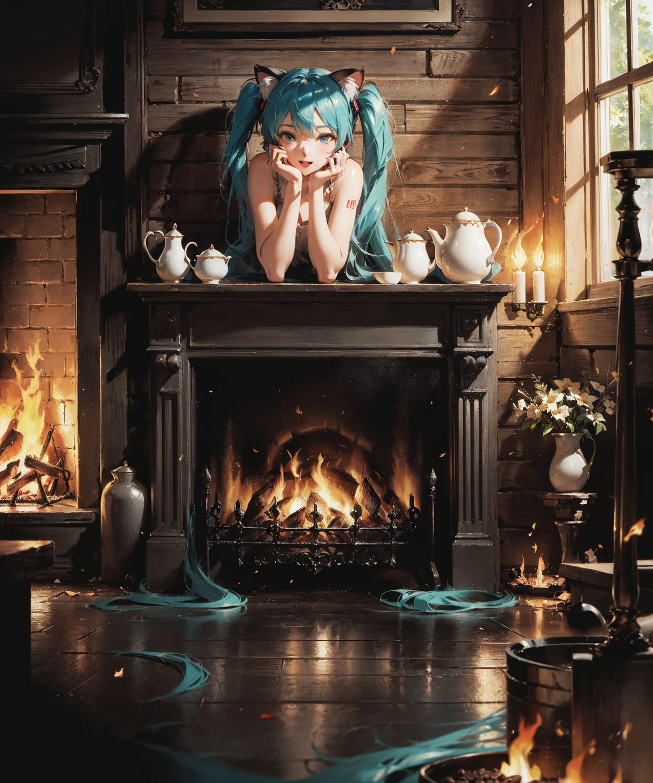 absurdres, highres, best quality, 1girl, scenery, landscape, hatsune miku, castle, maid, full body, fireplace, indoors, cleavage,