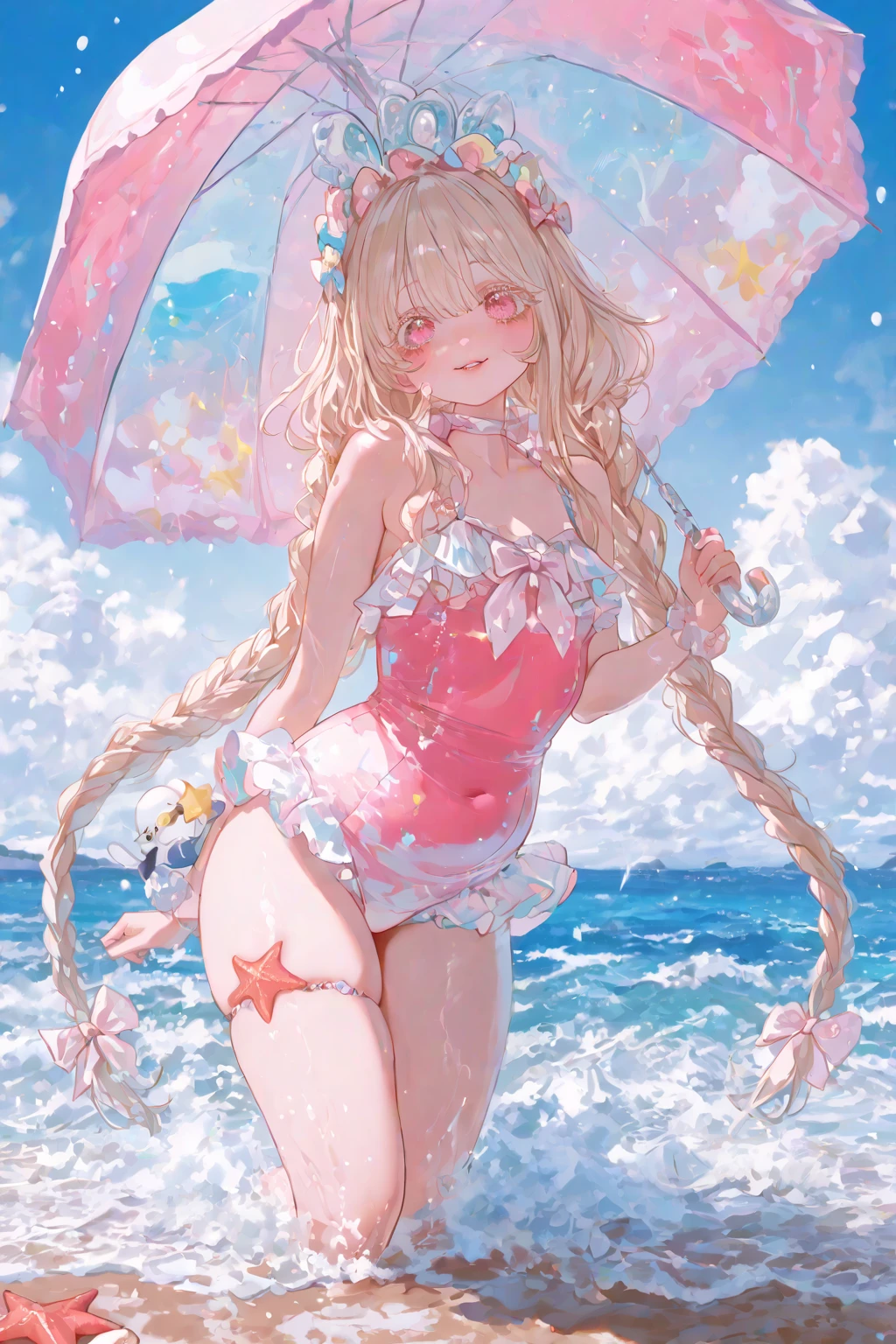 Jellyfish hat, brown skin, bikini tan marks, jellyfish nipple seal, bikini and jellyfish fusion, active pose, natural luminescence, pigtails, small breasts, lower breasts, female brat, thick eyebrows, thin waist, beautiful blonde, braid, (masterpiece), ((highest quality)), (super detailed), girl, (beautiful eyes)), beautiful detailed eyes, clean and detailed face, five fingers, textile shading, perfect anatomy,