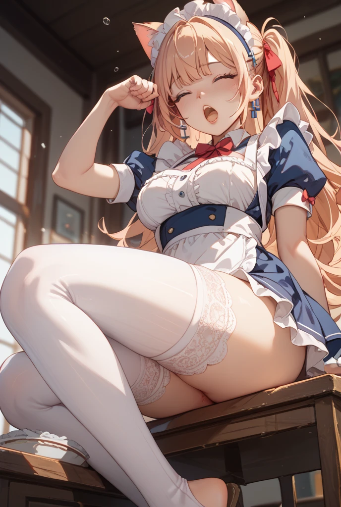 twilight,orange sun,rena ryuuguu, orange hair, short hair, blue eyes,Mountain of bulky trash,
white beret, bow, bowtie,(white dress:1.2), hat, puffy short sleeves, puffy sleeves, purple bow, purple bowtie, short sleeves, black thighhighs, zettai ryouiki,(bottomless:1.3),pussy,blush,(from below:1.3),(skirt lift:1.5), ((skirt grab:1.3)), (Skirt that rolls up:1.3),masterpiece,Noise Reduction,perfect anatomy,high resolution, ultra-detailed,game cg,dutch angle ,beautiful detailed eyes,visualart,five fingers, perfect hands, perfect lighting,