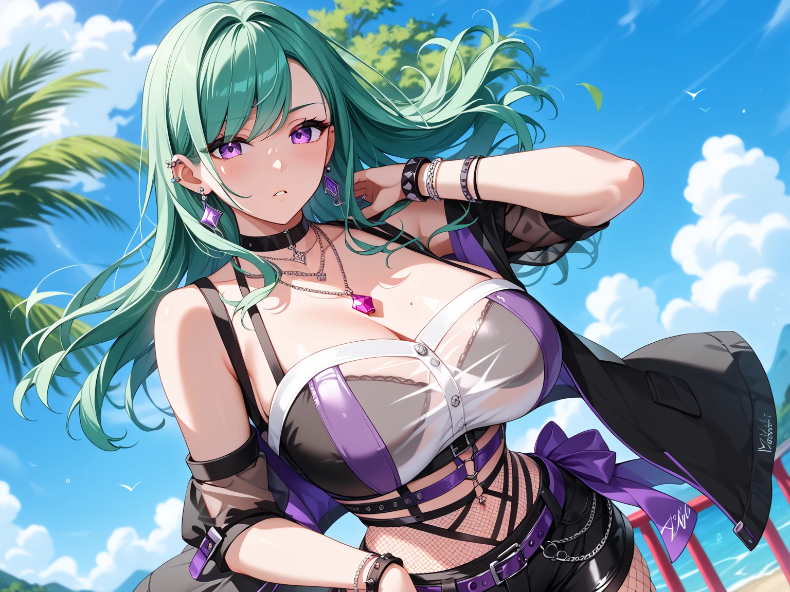 masterpiece, best quality, highres, yakumodd, long hair, crystal earrings, ear piercing, mole on breast, fishnets, necklace, purple belt, black shorts, bracelet, midriff, crop top, black belt, detached sleeves, black choker, black shirt, cowboy shot, standing, smile, hand on hip, outdoors