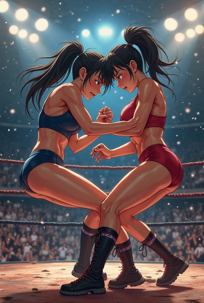 A fierce exchange of dynamic punches and kicks. they are beating each other so hard. bloody beautiful Japanese female heavyweight fighters are fighting in the octagon fighting ring of underground arena with audience. survival battle. whole body picture. they are covered in scars and bruises. they are damaged terribry. Short-cut black hair, out of breath, drooling from mouth, one eye is closed, exhausted, drenched in sweat. Erect nipples. open finger glove. Ragged white and pink lined sports bra, high leg panty, Stockings. armwarmers. small breasts, armwarmers. Whittled waistline, muscular, six-pack abs, very thick arms and thighs, super huge tits.