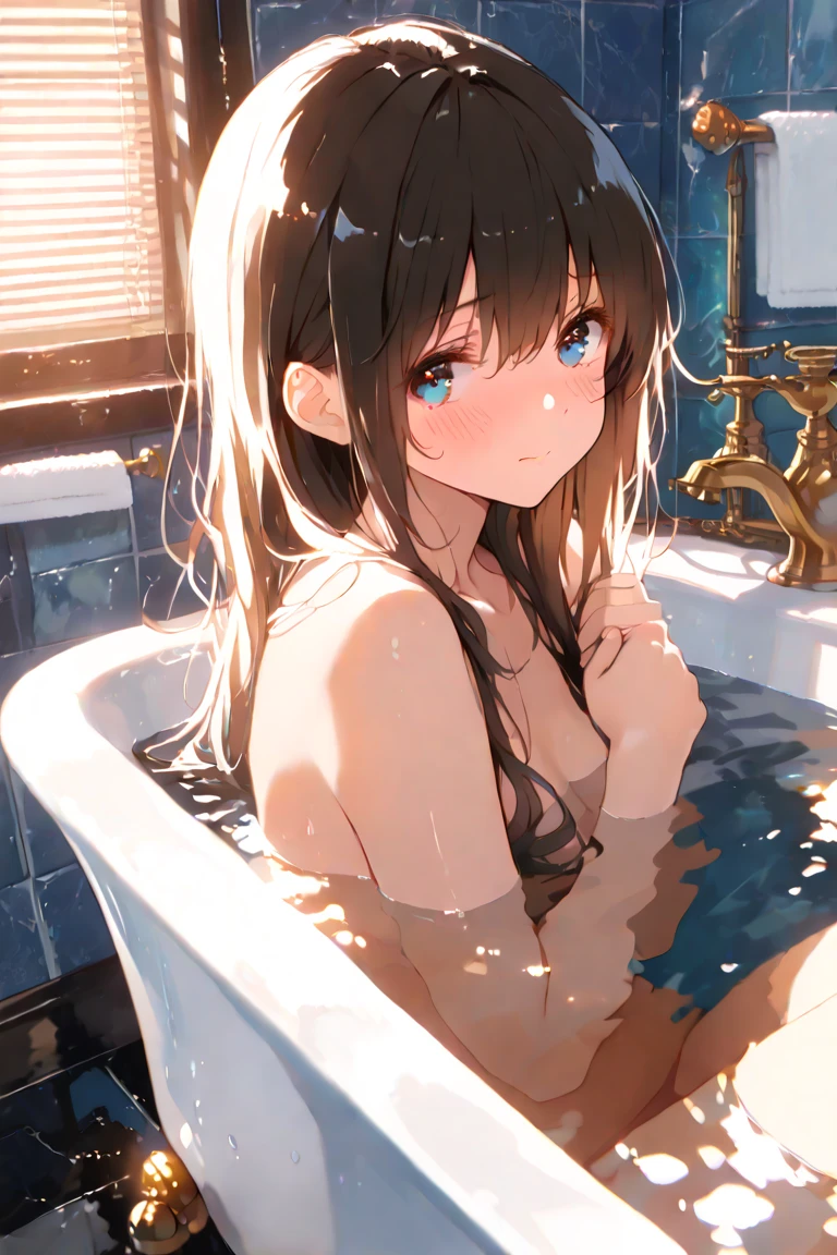 ((masterpiece,Highest quality:1.3,best quality illustration)),(realistic),cowboy shot,独奏,1woman,20 year old beauty,brown hair,ponytai hair,long hair,bangs,brown eyes,(gorgeous big eyes),((very small head:1.3)),shy,sad,((very long body:1.2,skinny)),((tan skin:1.4)),medium breasts,naked,nipples,vagina,navel,gleaming skin,slender body,Wet:1.5、sitting,bathing、spread legs,simple bathtub,Simple hotel bathroom、New York City、