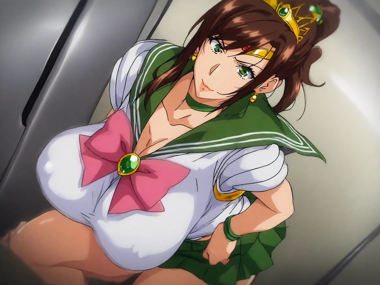 1980s, Retro,pc80,NSFW,Gold and green cheongsam with slits,One Woman, 27 years old, 28 years old, whole body,Full Art,Big Breasts,blush,Troubled expression,Cute Liane, Chignon Cap,Chinese Taste,Brown Hair,Long Hair,Green eyes,Jade hairpin,Skirt flipped up by the wind,penis toy,pussy juice,Open pussy