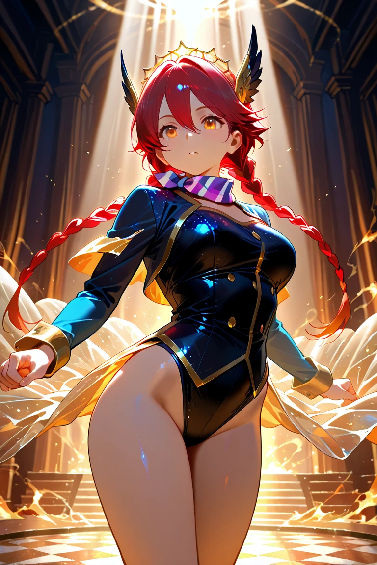 ((Full body photo,standing, feet on the ground)), Saria has large breasts, helmet on her head, black color with golden parts/futuristic Egyptian costume, Egyptian necklace on her neck, extremely tight on her body, (in an ancient city raining hard and thundering), she has (short red hair, blue eyes), is with her hands closed, holding a scepter of pure gold, landing for the viewer, extremely exhibitionist, is looking at the viewer, manic smile, face with red cheek, (hair, body and clothing all wet, moistened and transparent clothing, light makeup on the face, Futurism, 16k, UHD, retina, masterpiece, ccurate, anatomically correct, best quality, high quality, textured skin