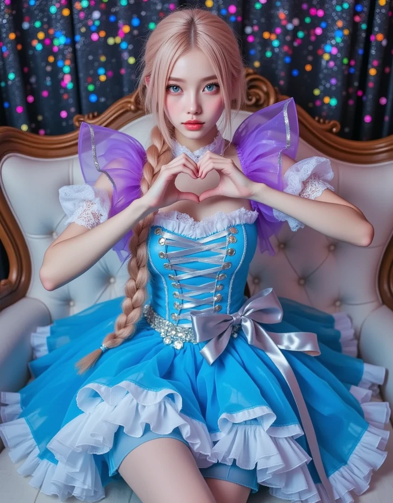 1girl,Yao Shiyuan,blonde hair,dress,gloves,white pantyhose,pointy ears,star \(symbol\), Beautiful dance pose, She gently lifted her skirt with one hand,头发周围有白色的Butterfly兰，Lilac dendrobium、White Lily, Long legs , Deep in Wonderland, ((Flowing long hair))Official Art , Unity8k Wallpaper , Extremely detailed , Visible cleavage, Pretty and beautiful , 性感Long legs, masterpiece , best quality ,Practical, Very detailed illustrations ,Extremely detailed , Intricate details , Extremely complex and detailed , Very detailed 8KCG wallpaper , Caustics .reflection , Ray Tracing , Devil theme ,nebula ,Dark aura, Network Effects , (1 girl)solitary , 小蓝Butterfly , (Blue plasma flame , (insect , Butterfly)) Pastel tones in Rococo style ,Light white and light dark red , Incredibly beautiful , Cherry blossoms , Surrealism ,painting , Ethereal , Mixing reality and fantasy elements ,Ray Tracing , Complex Mode , Exquisite lines , Perfect your hands, Starry Sky , Colorful , Star